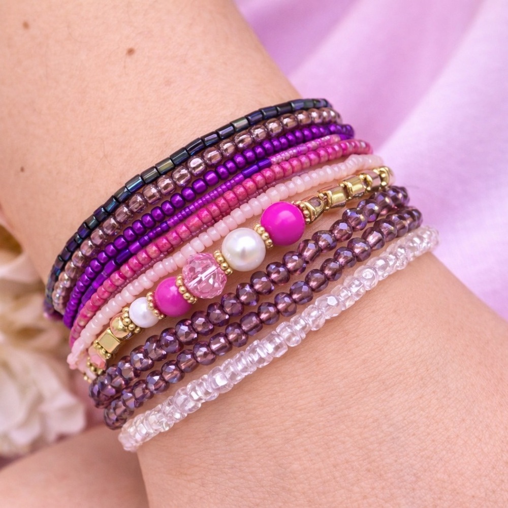 Royal Raspberry Beaded‎ Bracelet Stack with Elastic OS - Picture 3 of 10